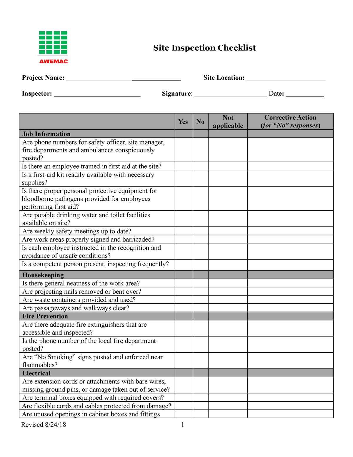 Construction safety inspection checklist long - Site Inspection ...