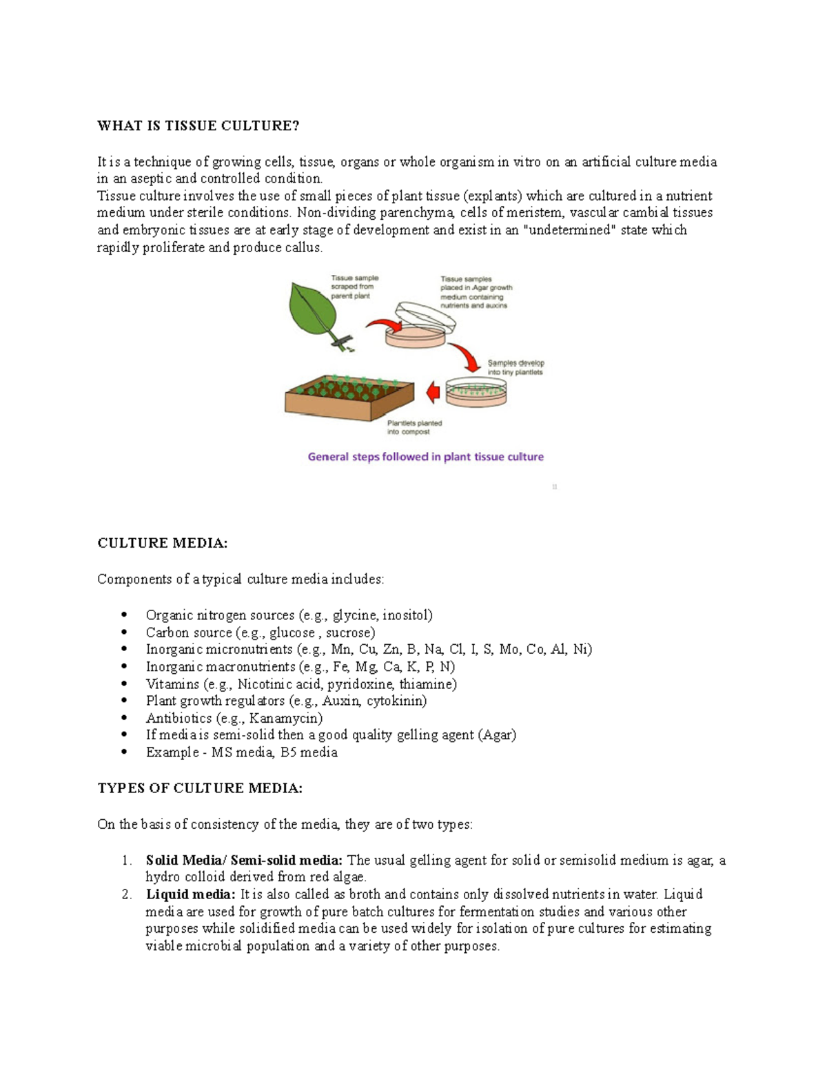 Tissue Culture Lecture notes 12 WHAT IS TISSUE CULTURE? It is a