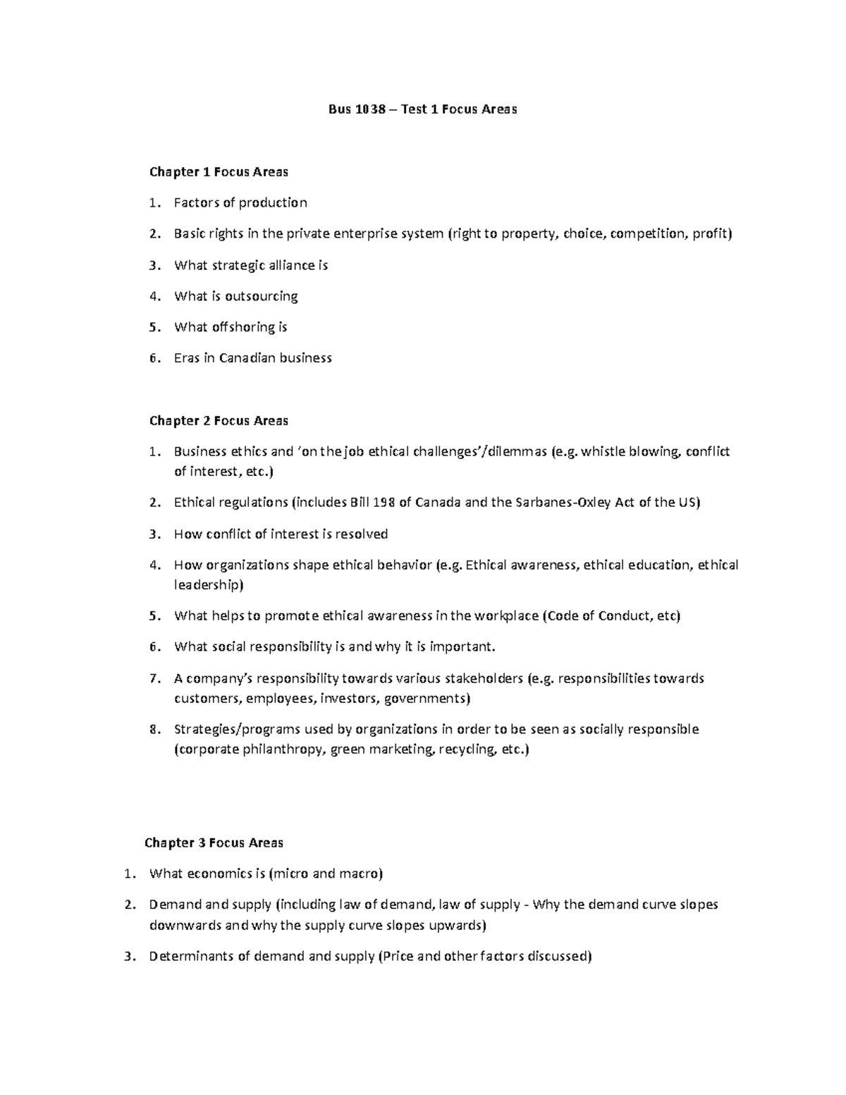 Bus 1038-test 1 focus areas - Bus 1038 – Test 1 Focus Areas Chapter 1 ...
