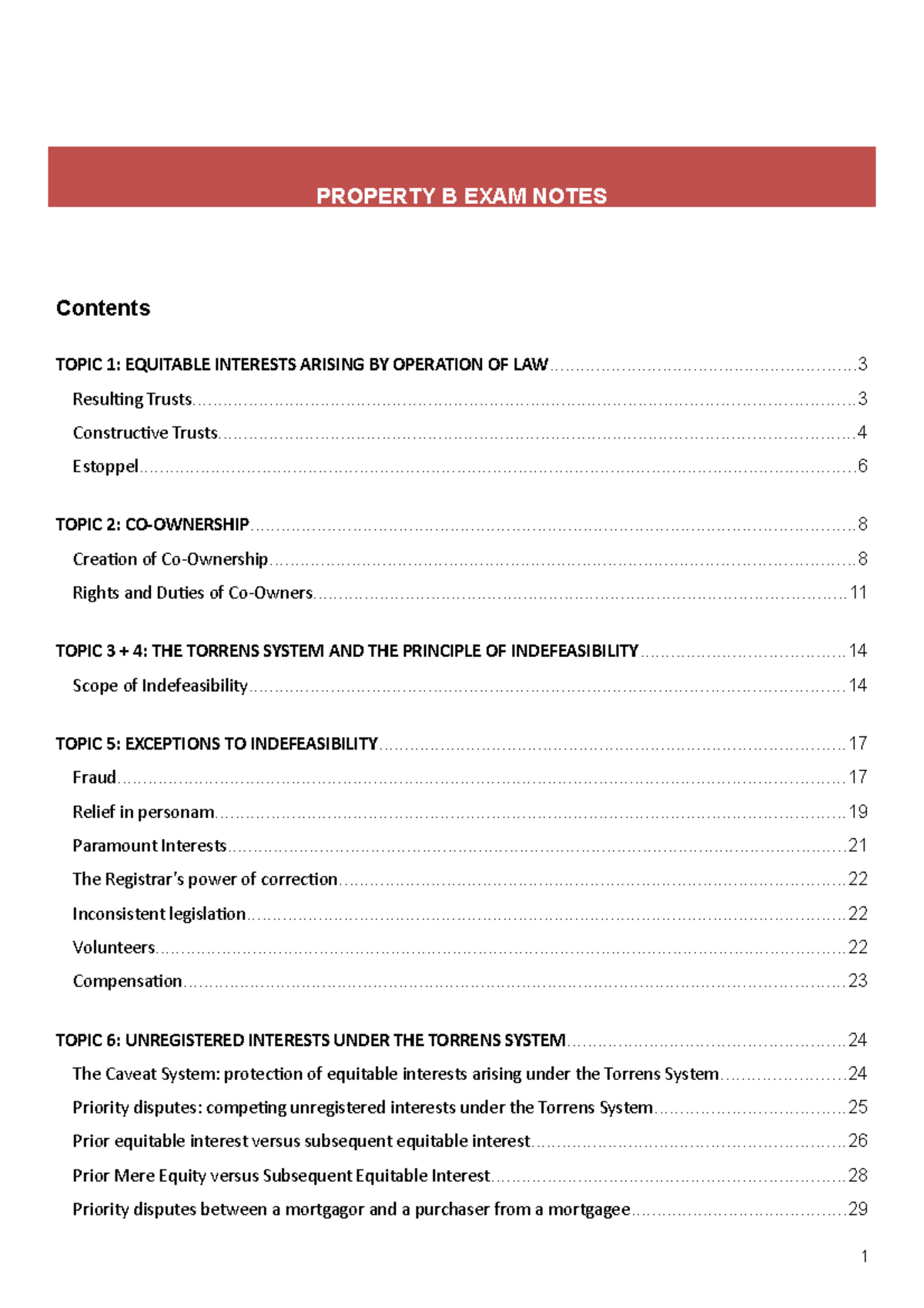 Property B Notes - none - PROPERTY B EXAM NOTES Contents TOPIC 1 ...