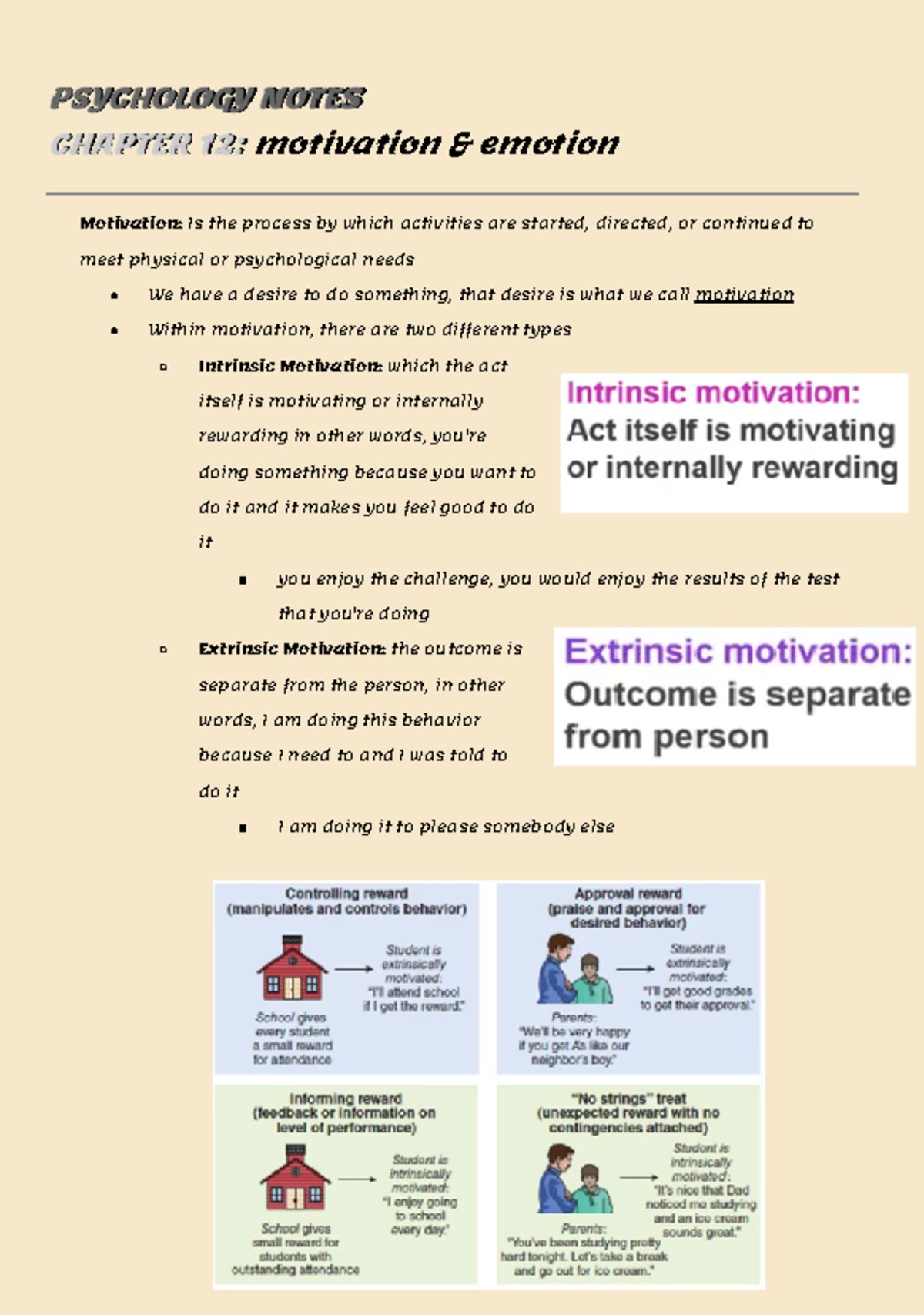 Chapter 12 - Class Notes - PSYCHOLOGY NOTES CHAPTER 12: Motivation ...