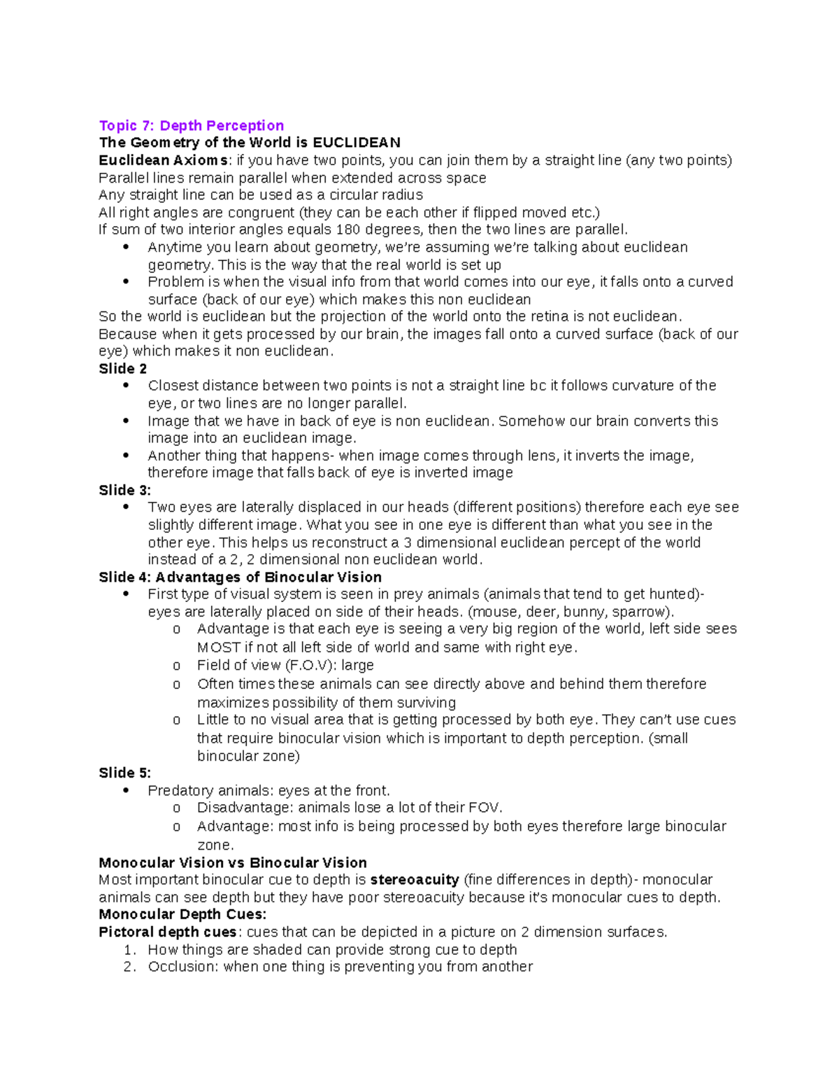 Final 267 - All notes - Topic 7: Depth Perception The Geometry of the ...