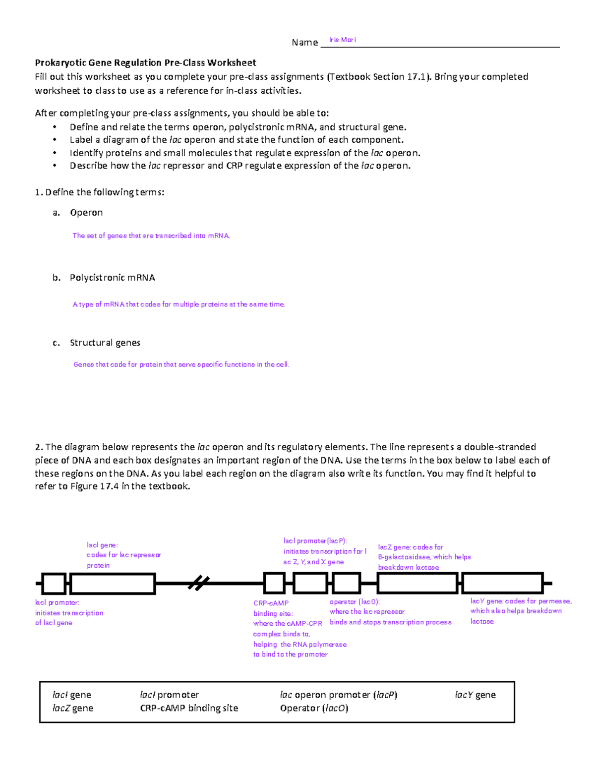 Week 7b Pre-Class Reading Guide - Prokaryotic Gene Regulation - Name ...