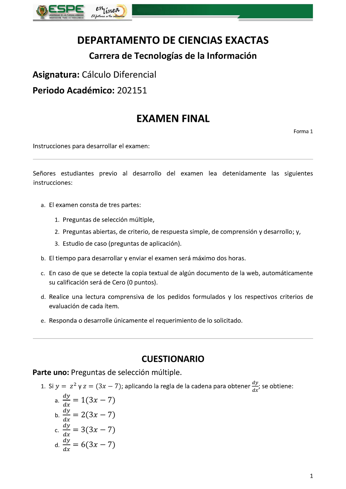 EXAMEN FINAL -Calculo Diferencial-Forma 1- ITIN202151 - DEPARTAMENTO DE ...