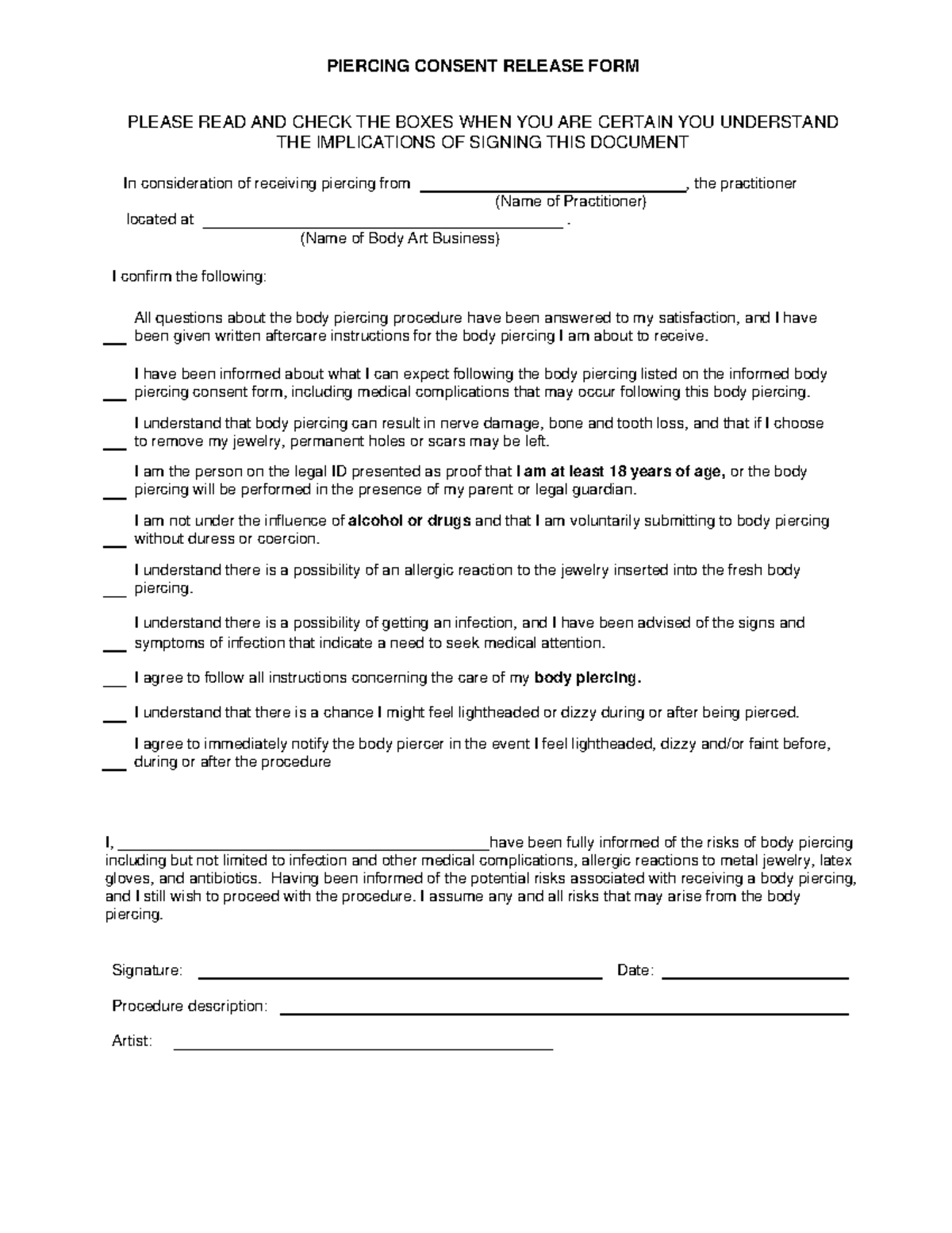 SampleBodyPiercingConcentForm 2 piercing consent form BIO201