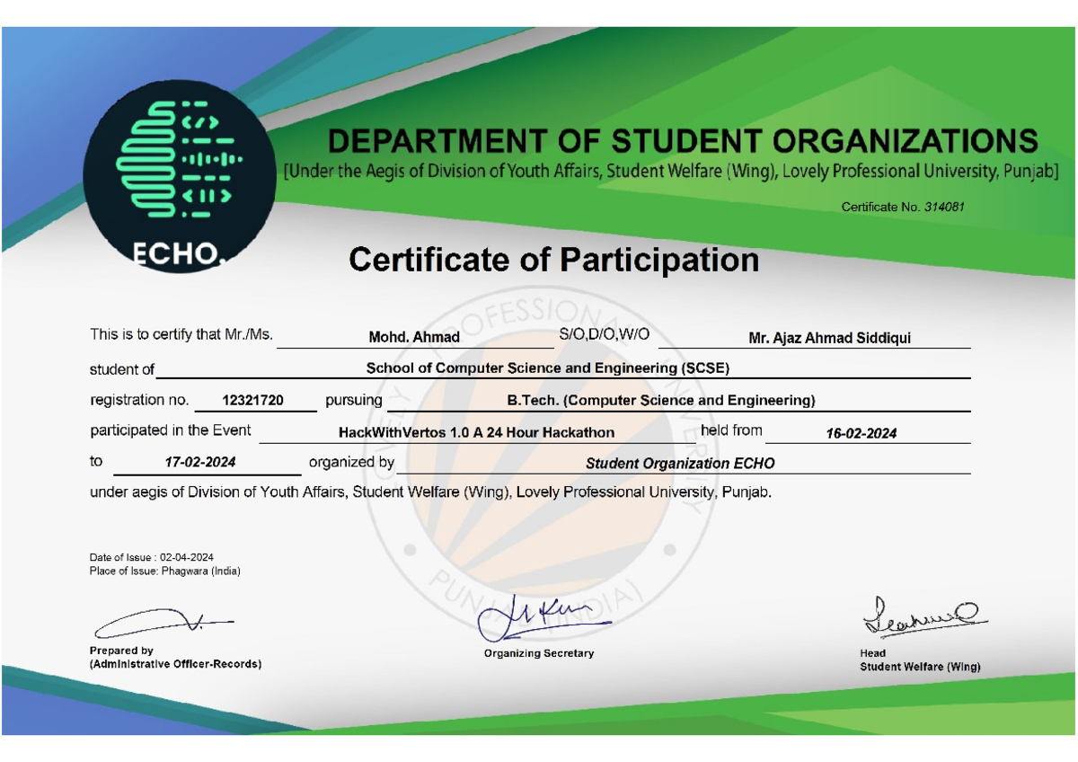 Certificate 516 - B.tech CSE - Studocu