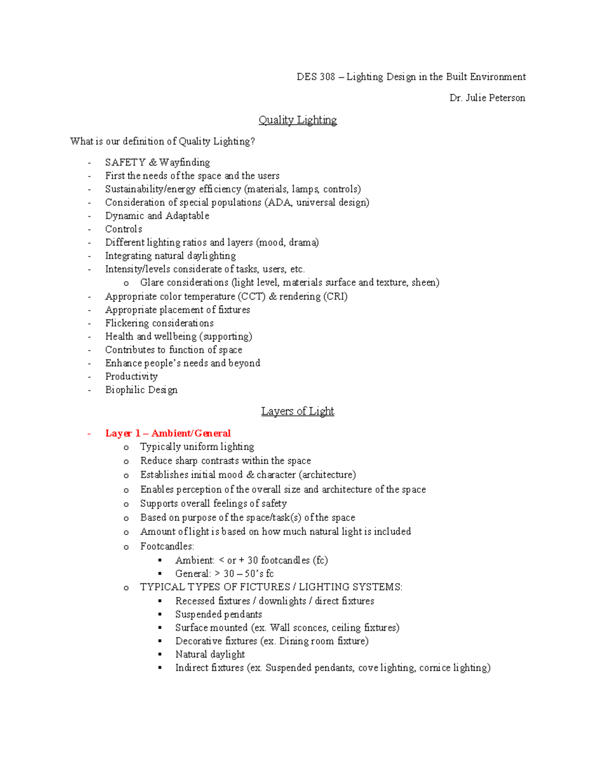 Quality of Lighting - Lecture notes - DES 308 – Lighting Design in the ...