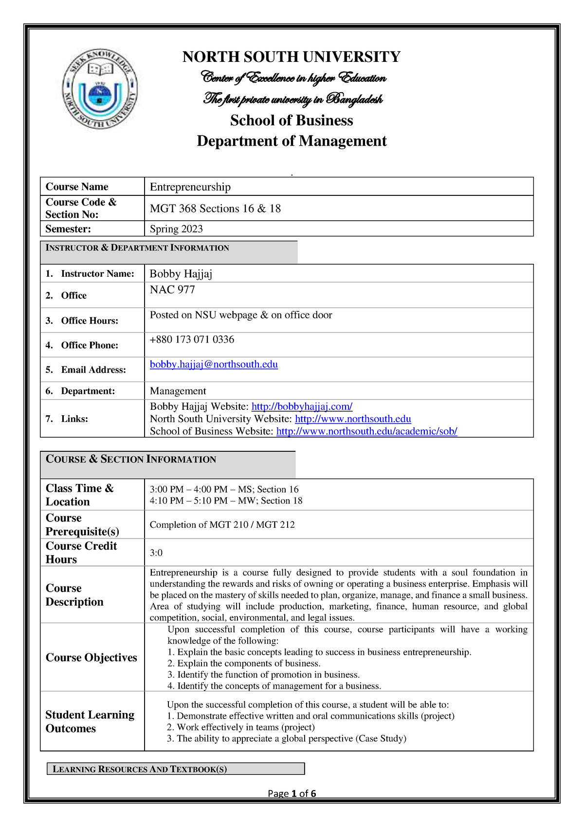 Standard Course Outline MGT368 - NORTH SOUTH UNIVERSITY Center Of ...