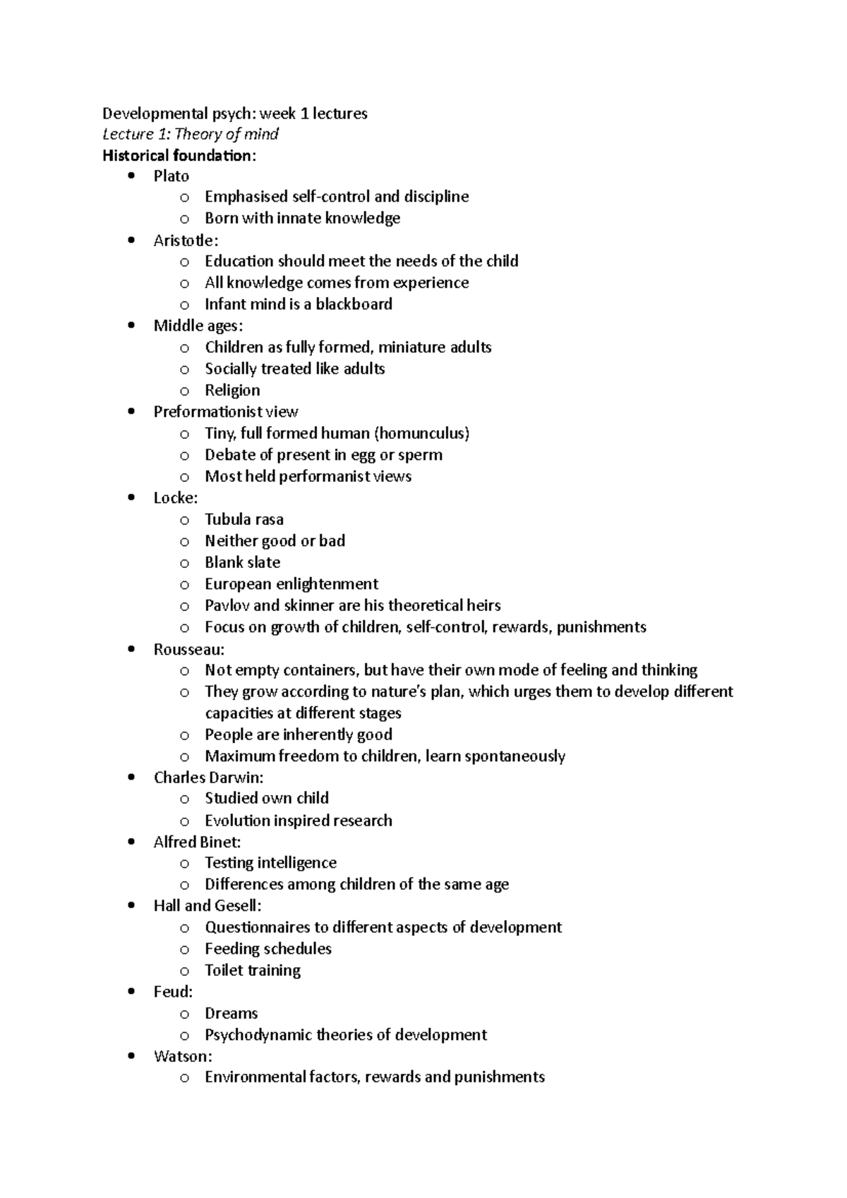 Week 1 lectures - Developmental psych: week 1 lectures Lecture 1 ...