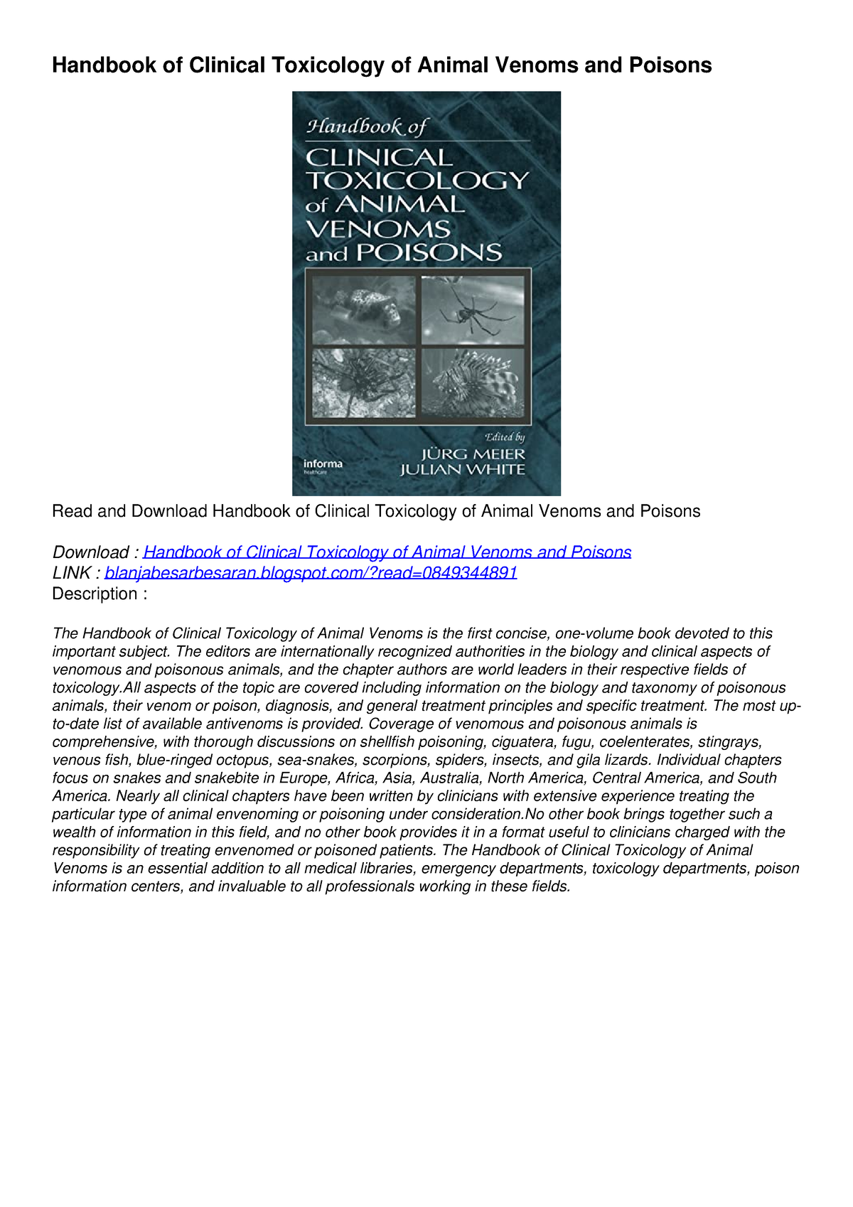 READ [PDF] Handbook of Clinical Toxicology of Animal Venoms and Poisons