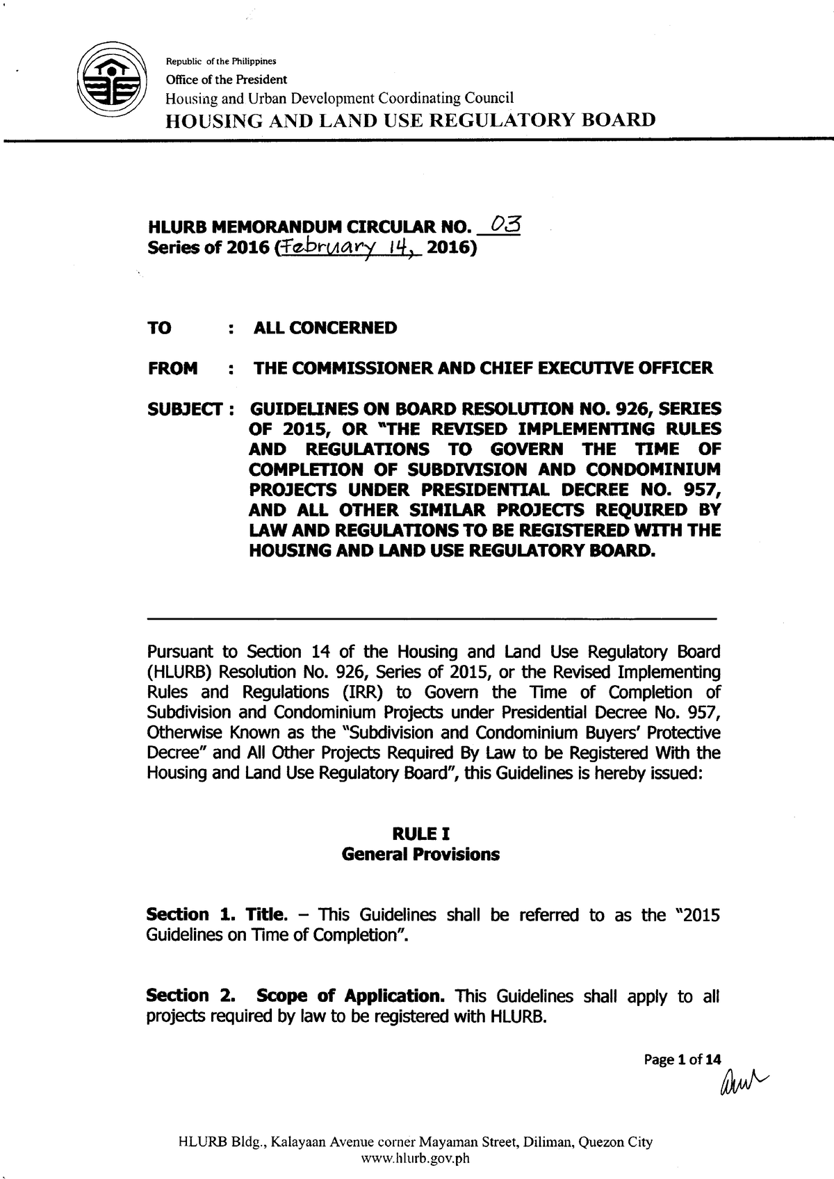 MC-16-03 - HLURB MC 16 03 - Republic of the Philippines Offrce of the ...