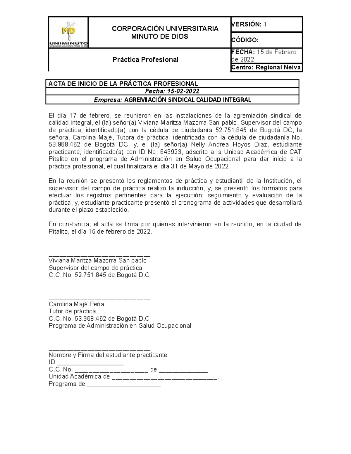2 ACTA DE Inicio DE LA Práctica Profesional Uniminuto - CORPORACIÓN ...