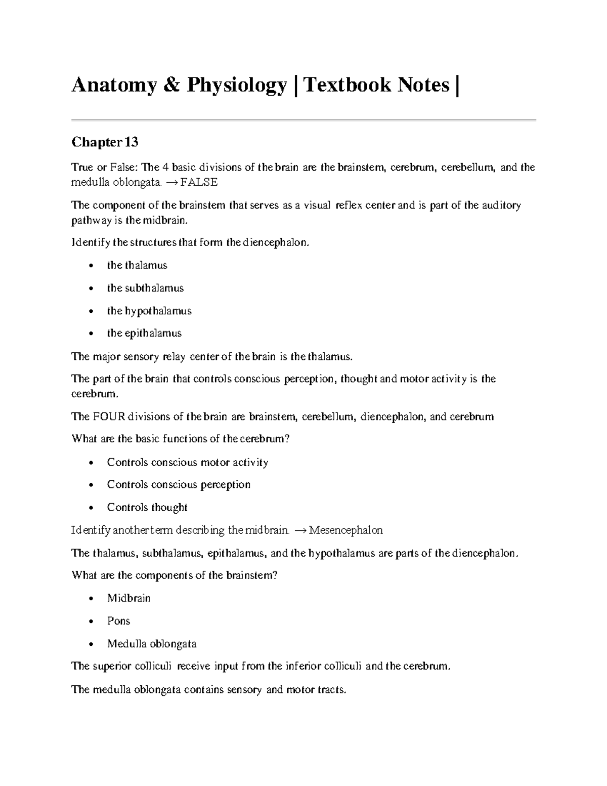 BIOL-2401 Textbook Notes (Ch 13) - Anatomy & Physiology | Textbook ...