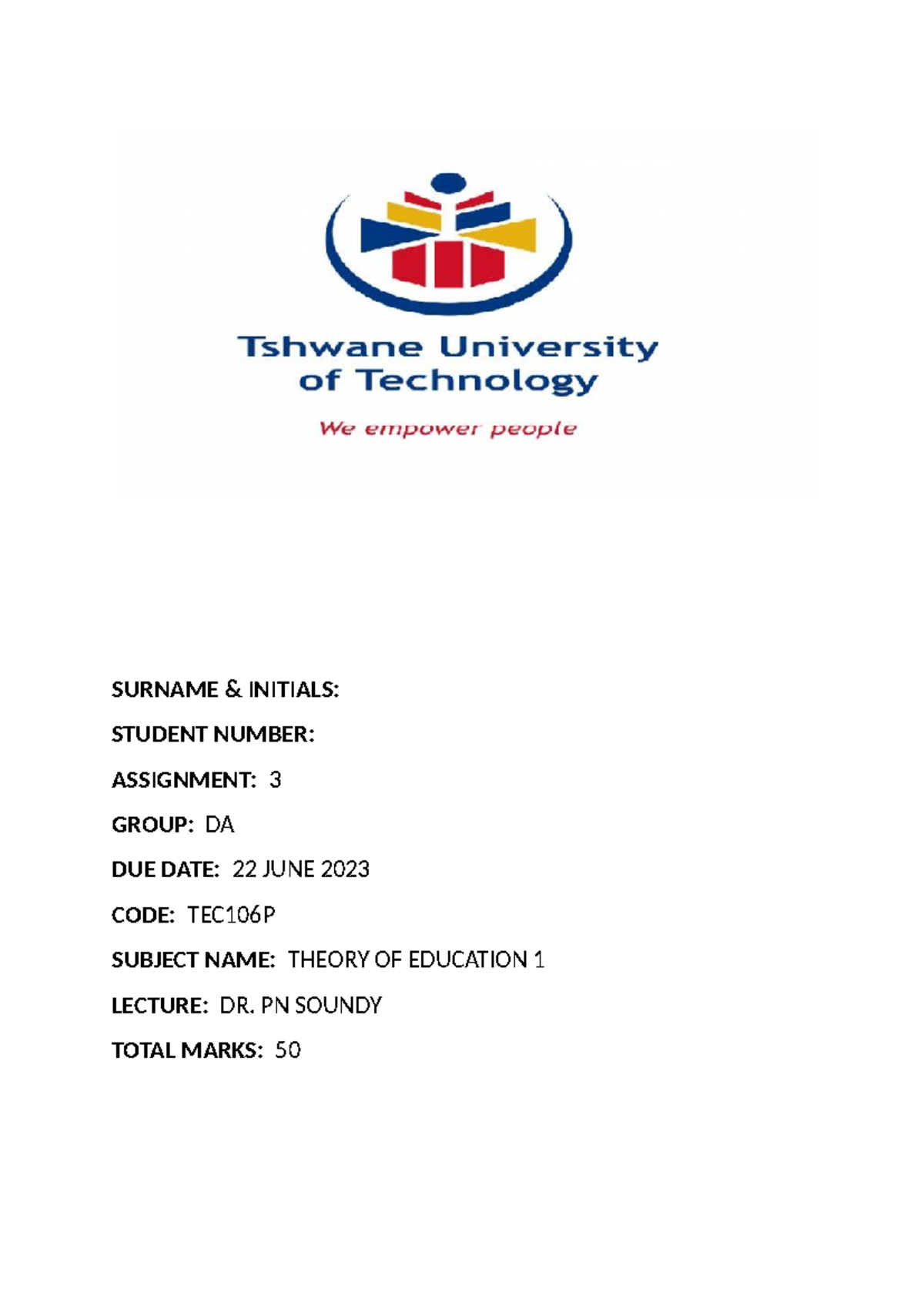 Theory 3 - Assignment 1 - SURNAME & INITIALS: STUDENT NUMBER ...
