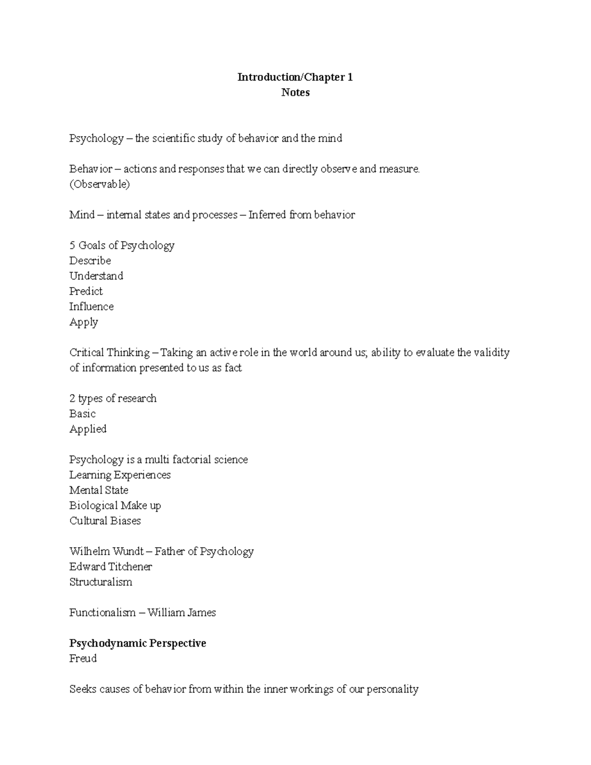 Psych exam study guide 1 - Introduction/Chapter 1 Notes Psychology ...