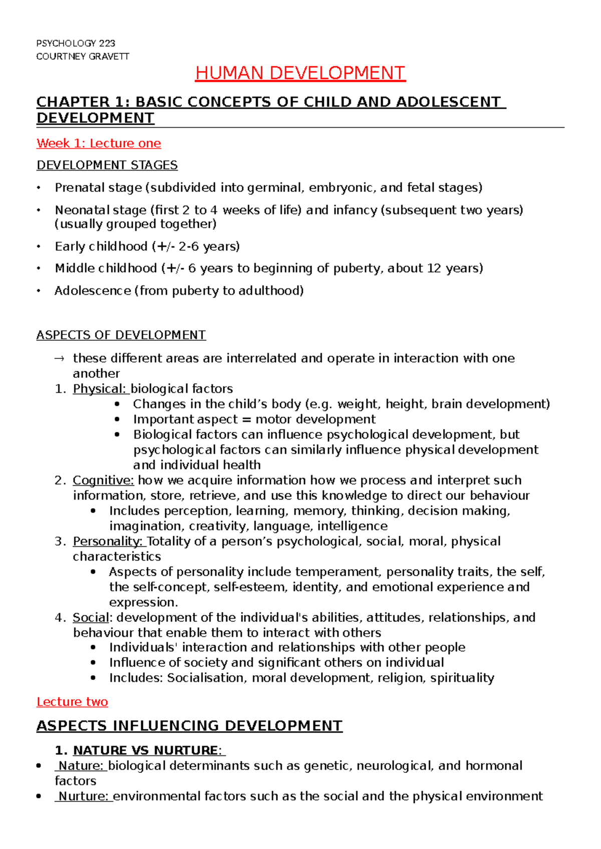 Lecture notes - COURTNEY GRAVETT HUMAN DEVELOPMENT CHAPTER 1: BASIC ...