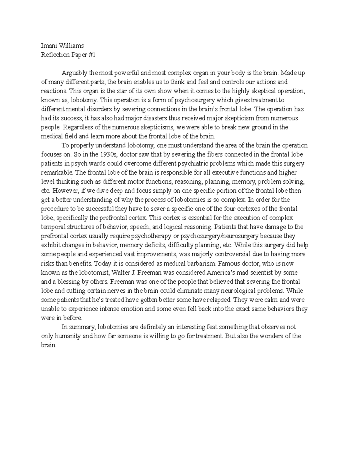 Bio Paper 1 - Lobotomy - reflection - Imani Williams Reflection Paper ...