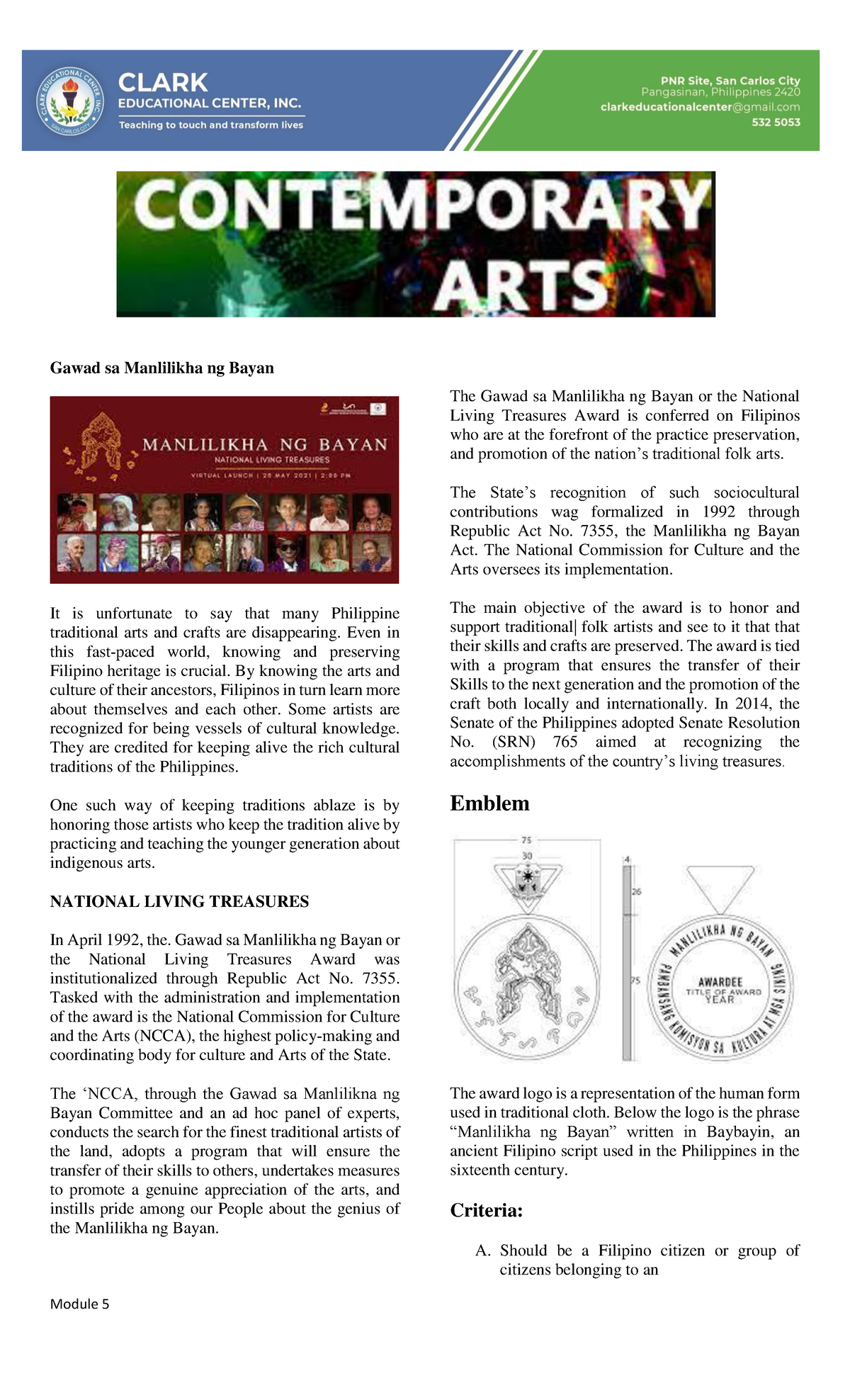 CPAR-M5 - notes - Module 5 Gawad sa Manlilikha ng Bayan It is ...