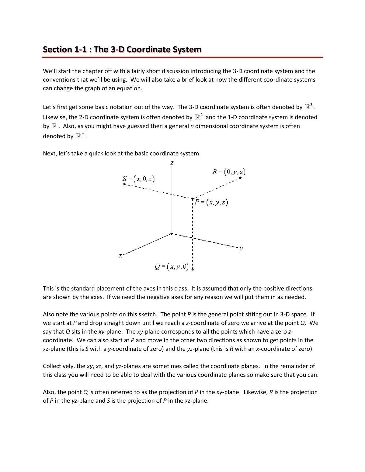 Calc III 3DCoords - Lecture Notes - Section 1-1 : The 3-D Coordinate ...