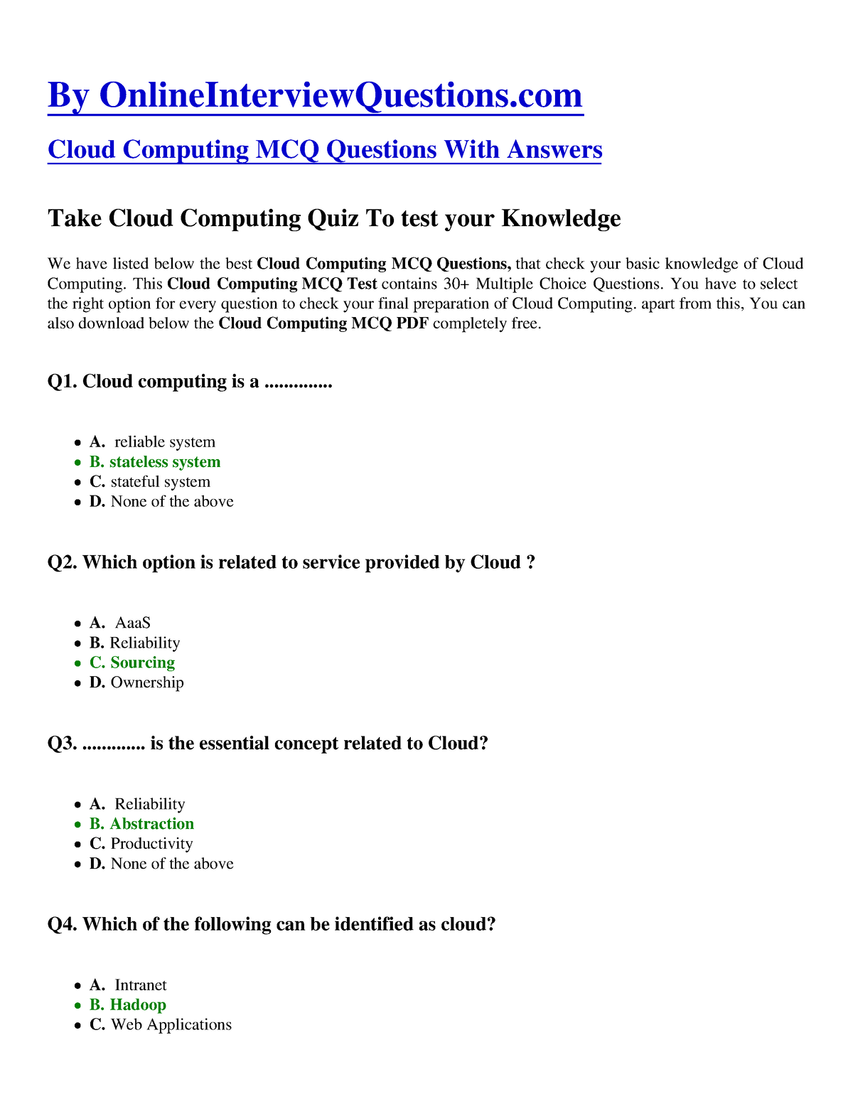 MCQ For Cloud Computing - By OnlineInterviewQuestions Cloud Computing ...