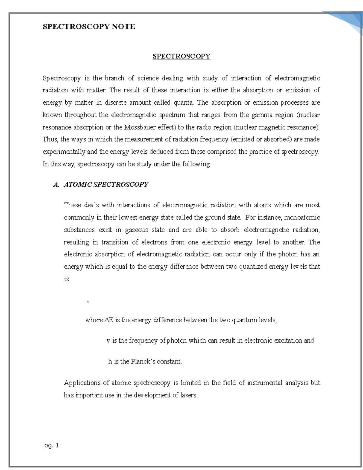 Spectroscopy NOTE - Favorite - SPECTROSCOPY Spectroscopy is the branch ...