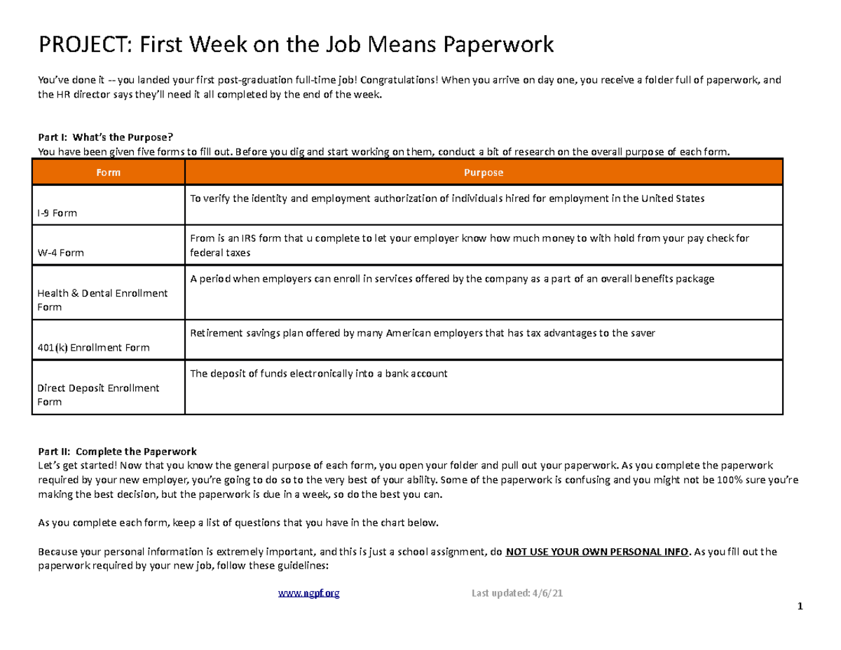 Project First Week on the Job Means Paperwork PROJECT First Week on