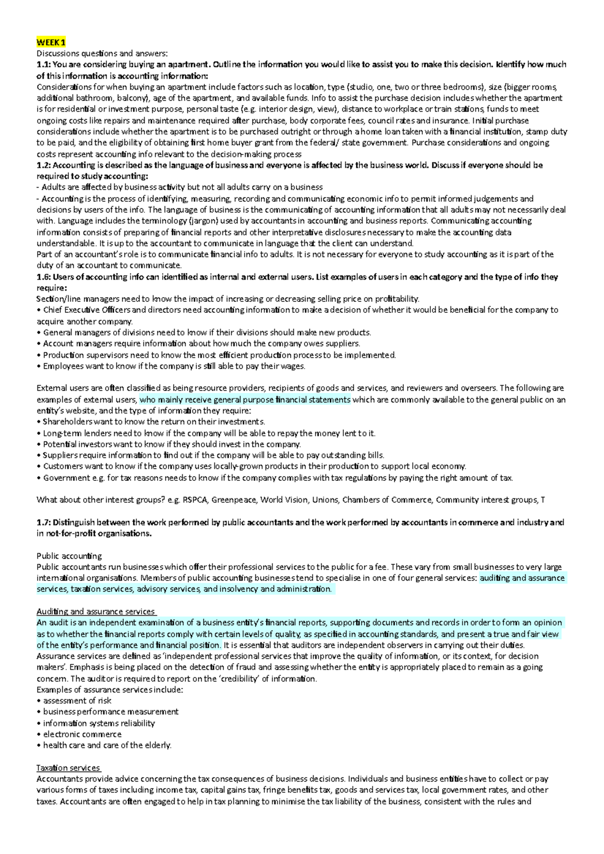 ACCY Lauren notes - ACCY111 - WEEK 1 Discussions questions and answers ...