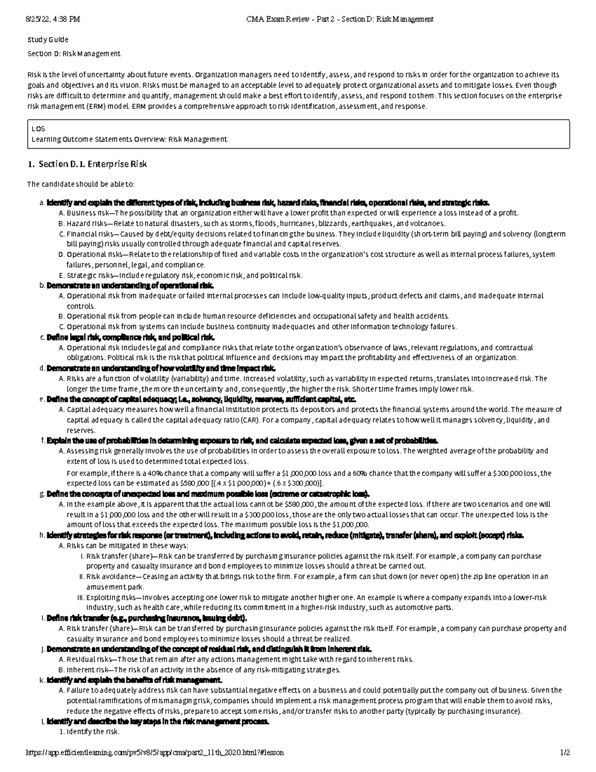 CMA Exam Review - Part 2 - Section D Risk Management - - Studocu