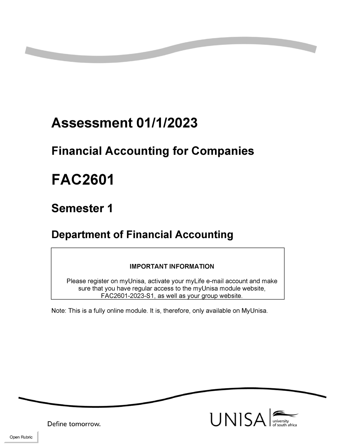 FAC2601 Assessment 1 S1 2023 - Assessment 01/1/ Financial Accounting ...