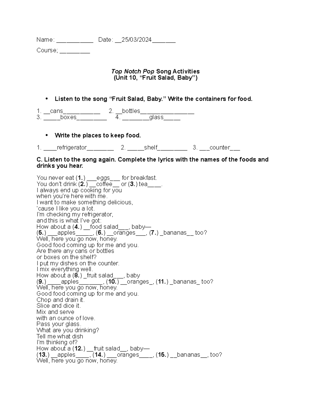Top notch pop song fruit salad, baby unit 10 Name ___________ Date