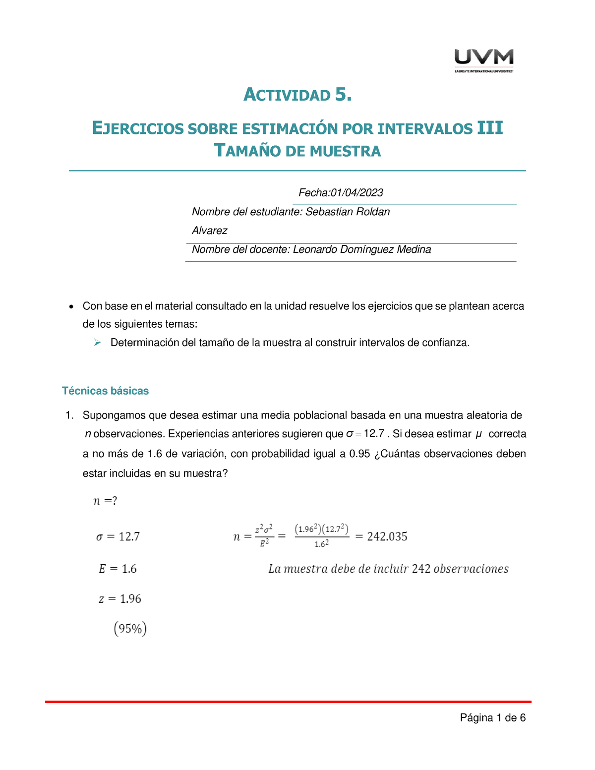 A5 Ejercicios Estadistica - ACTIVIDAD 5. EJERCICIOS SOBRE ESTIMACI”N ...