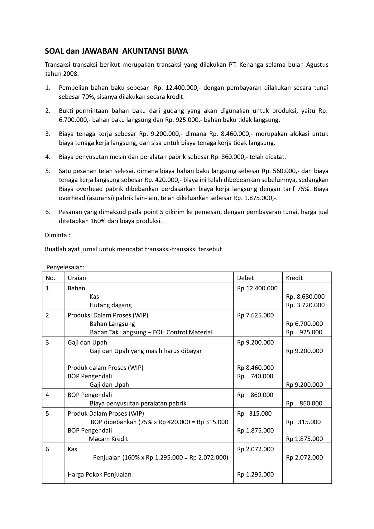 Tugas Akuntansi Biaya 1 - SOAL Dan JAWABAN AKUNTANSI BIAYA Transaksi ...