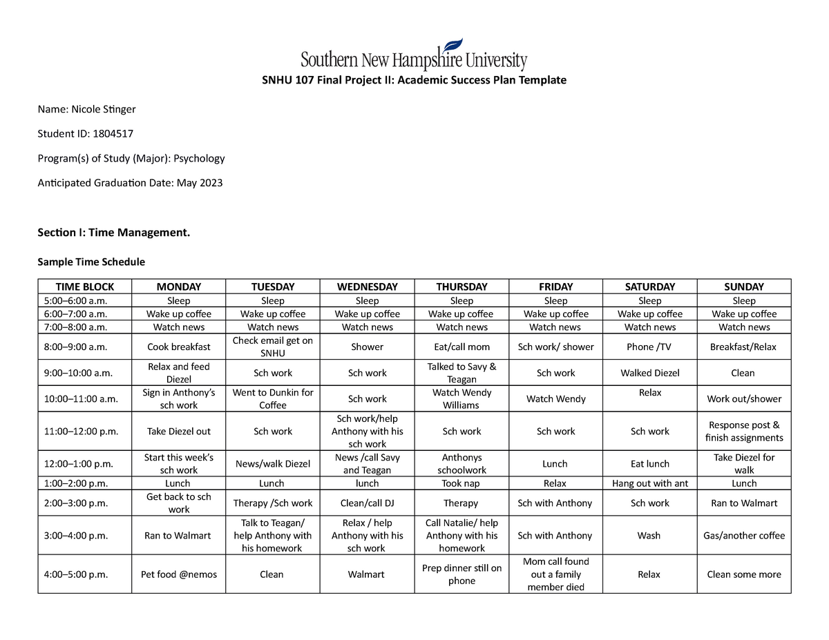 SNHU 107 Final Project II Academic Success Plan Sample Time Schedule