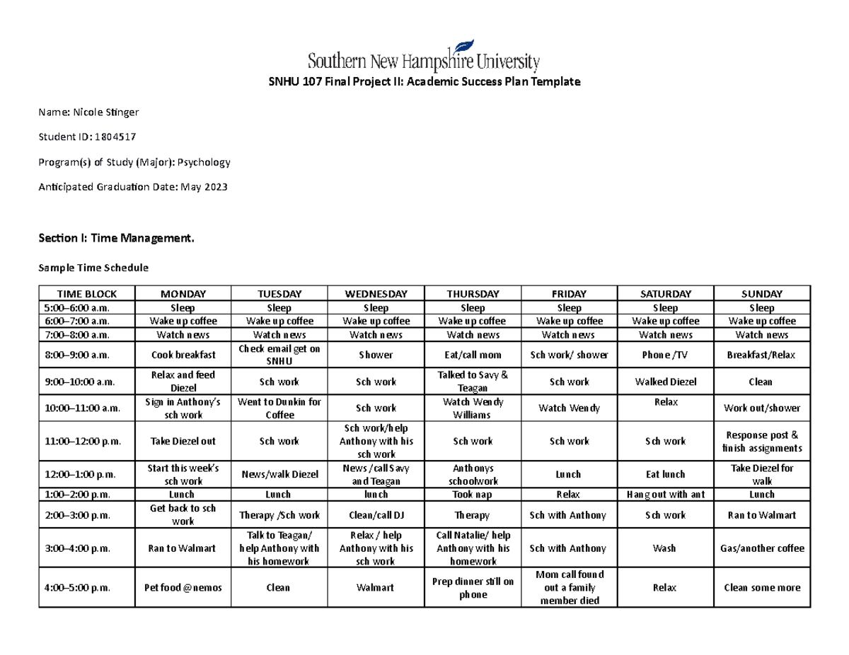 SNHU 107 Final Project II Academic Success Plan Sample Time Schedule 