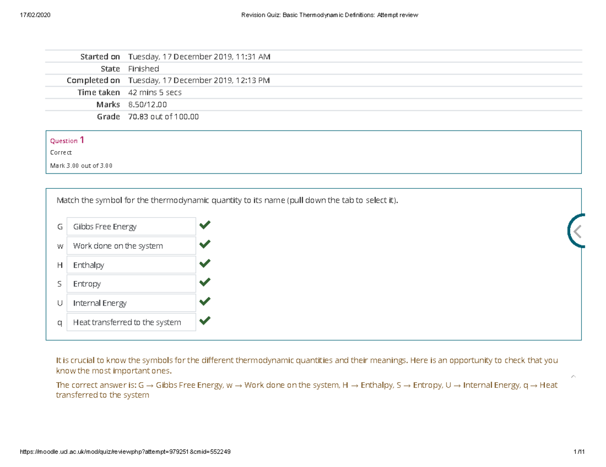 Revision Quiz Basic Thermodynamic Definitions Attempt review - Started ...