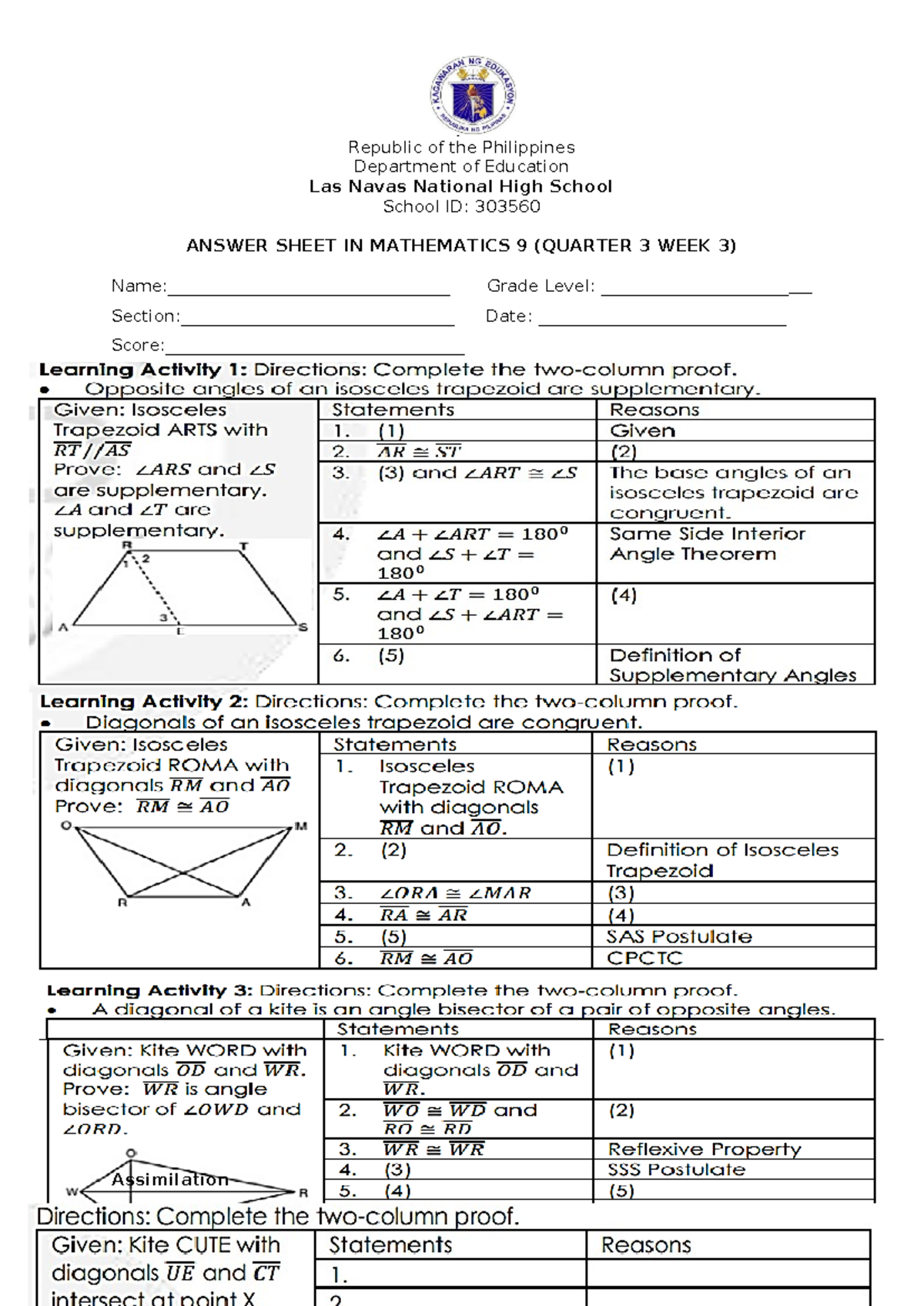 Answer sheet math 9 week 3 - Bachelor in Secondary Education - p ...