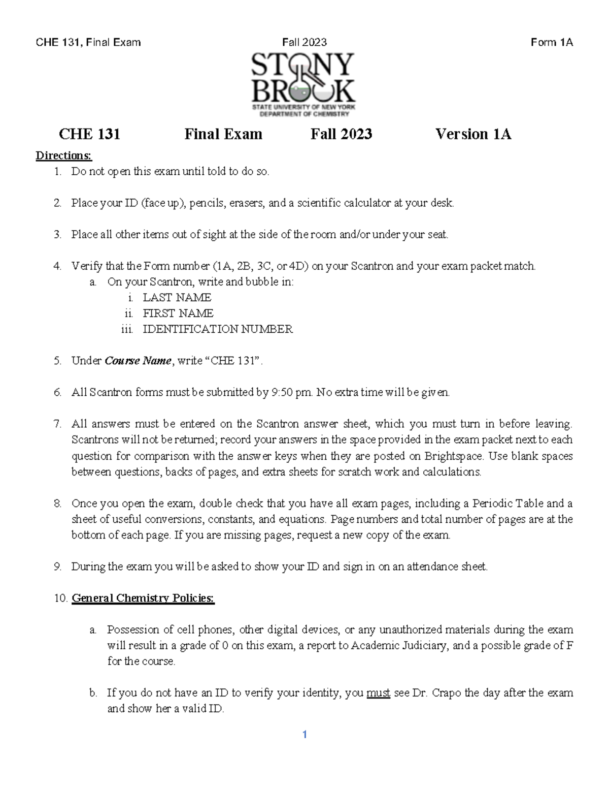 CHE 131 Final Exam Fall 2023 Form 1A - CHE 131 Final Exam Fall 2023 ...