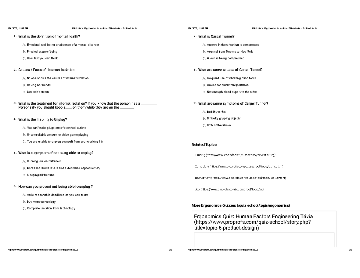 Quiz 13 NICE 10/13/22, 1155 PM Workplace Ergonomics Questions