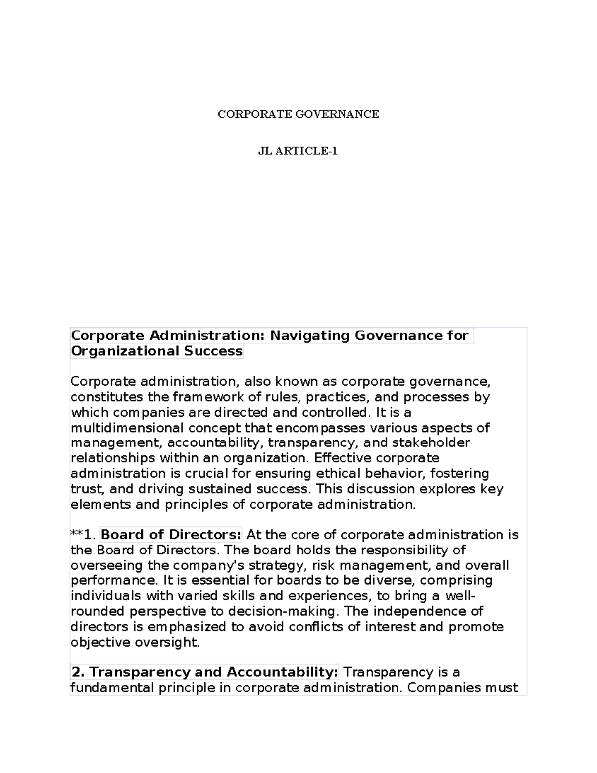 Ass2 - assg - CORPORATE GOVERNANCE JL ARTICLE- Corporate Administration ...