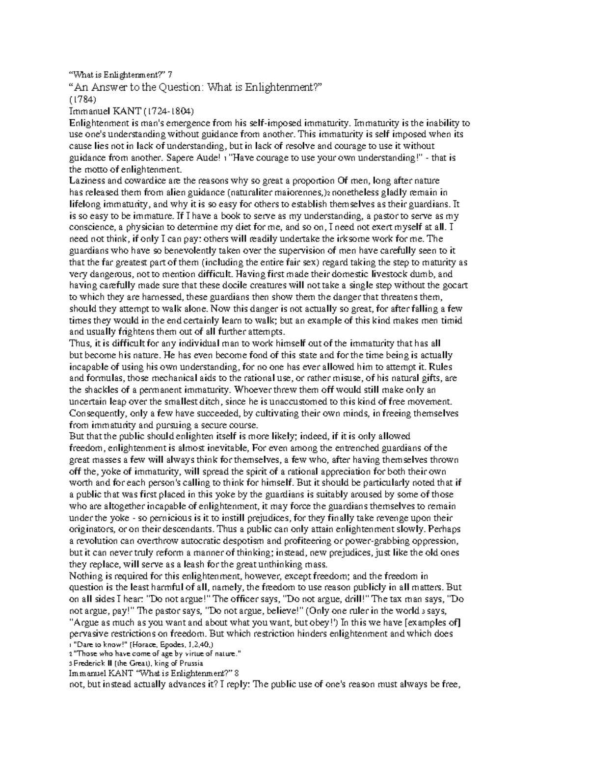 Kant-What is Enlightenment - "What is Enlightenment?" 7 "An Answer to ...