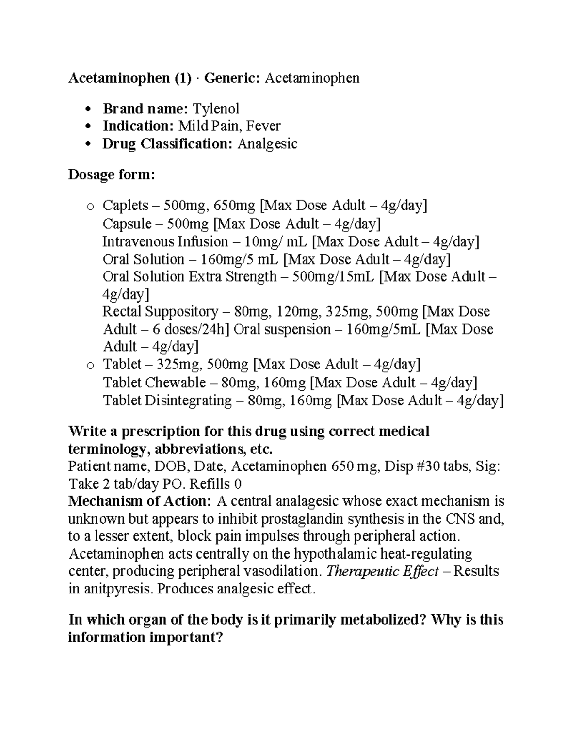 Drug Cards 125 Acetaminophen (1) · Generic Acetaminophen Brand name