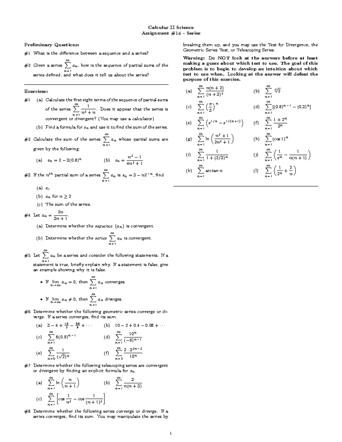 Assignment 14 - Series - great practice work - Calculus II Science ...