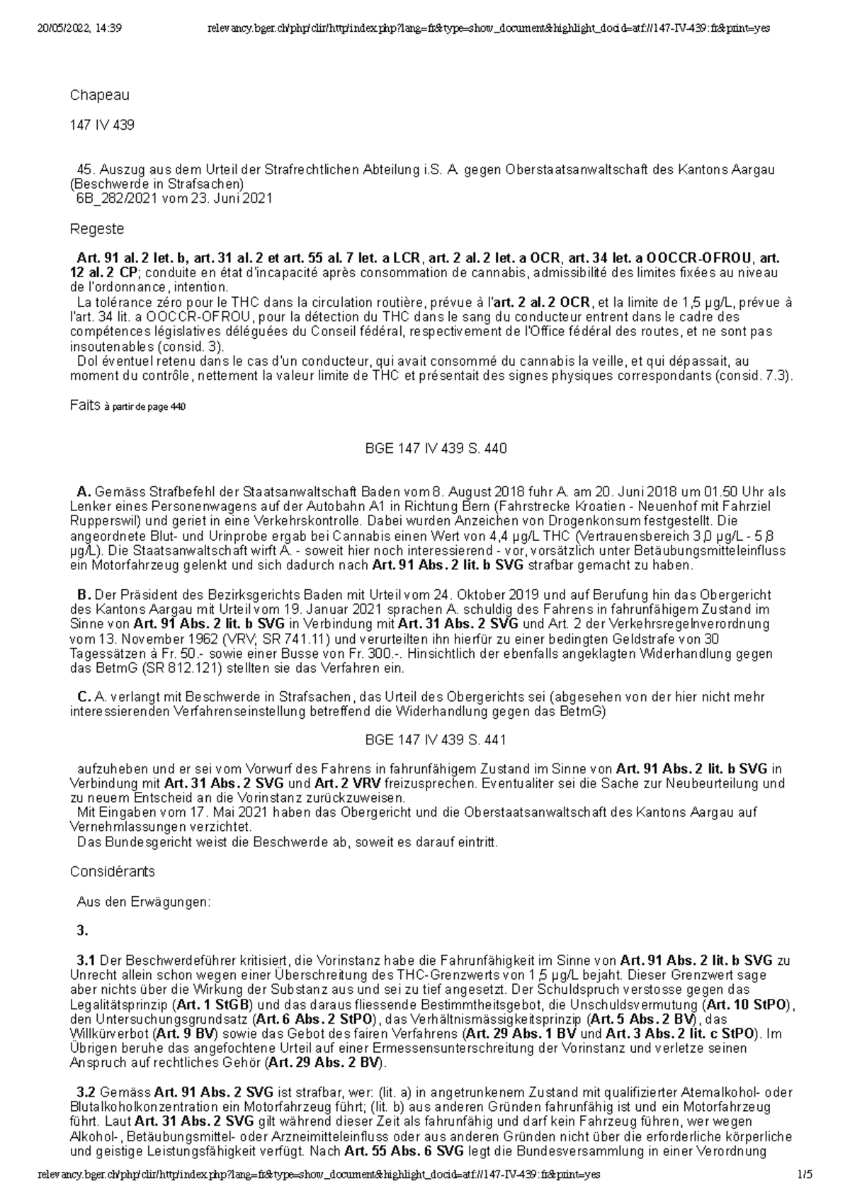 BGE THC am Steuer Chapeau 147 IV 439 Auszug aus dem Urteil der Strafrechtlichen Abteilung i. A