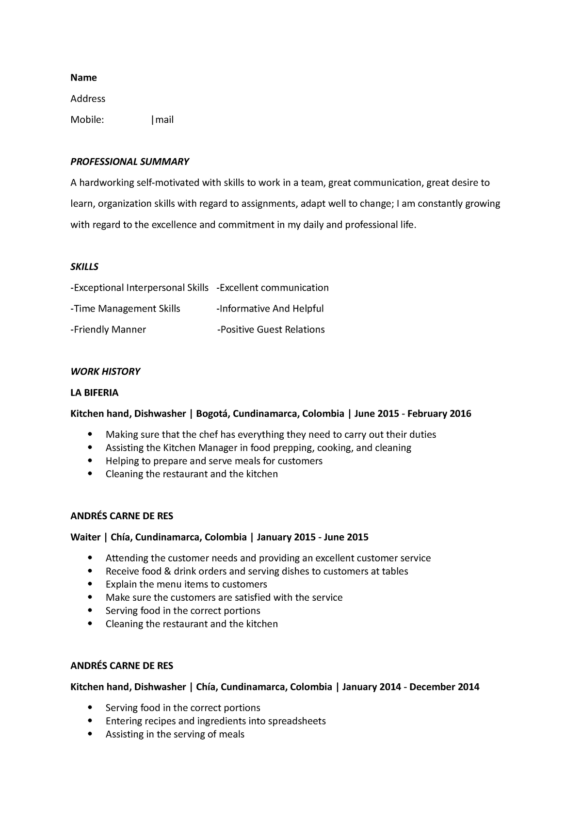 Resume Kitchen HAND AND Waiter Name Address Mobile Mail   Thumb 1200 1698 