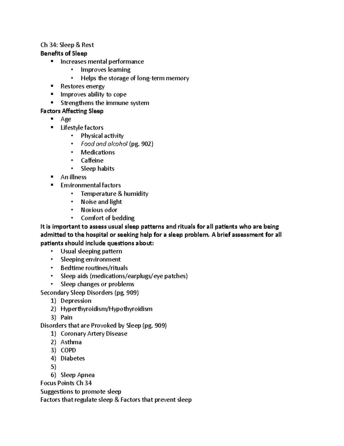 Ch 34 Notes and FP - Ch 34: Sleep & Rest Benefits of Sleep § Increases ...
