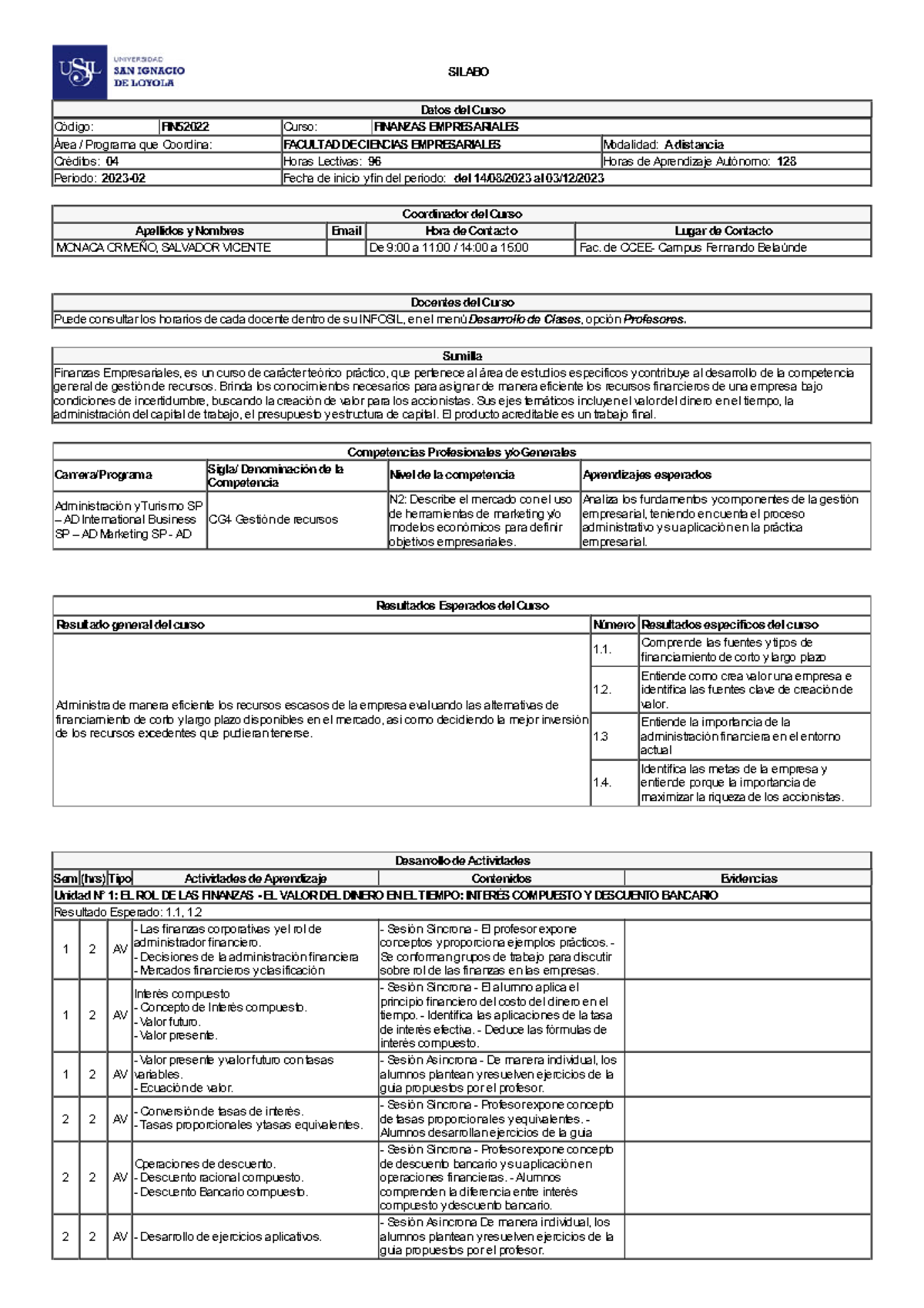 Silabo 1701216636455 - SILABO Datos Del Curso Código: FIN52022 Curso ...