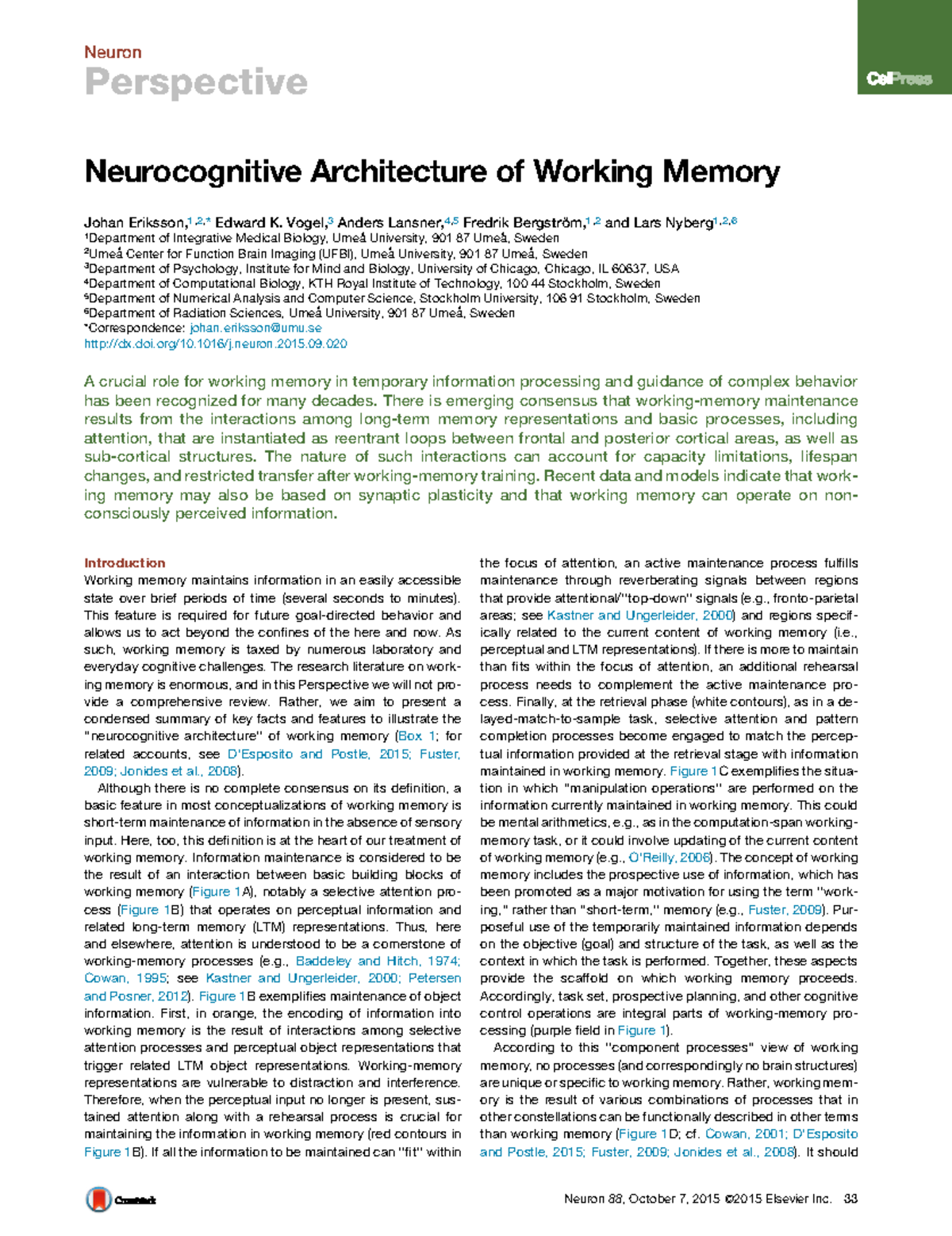 Neurocognitive Architecture of Working Memory - Perspective ...