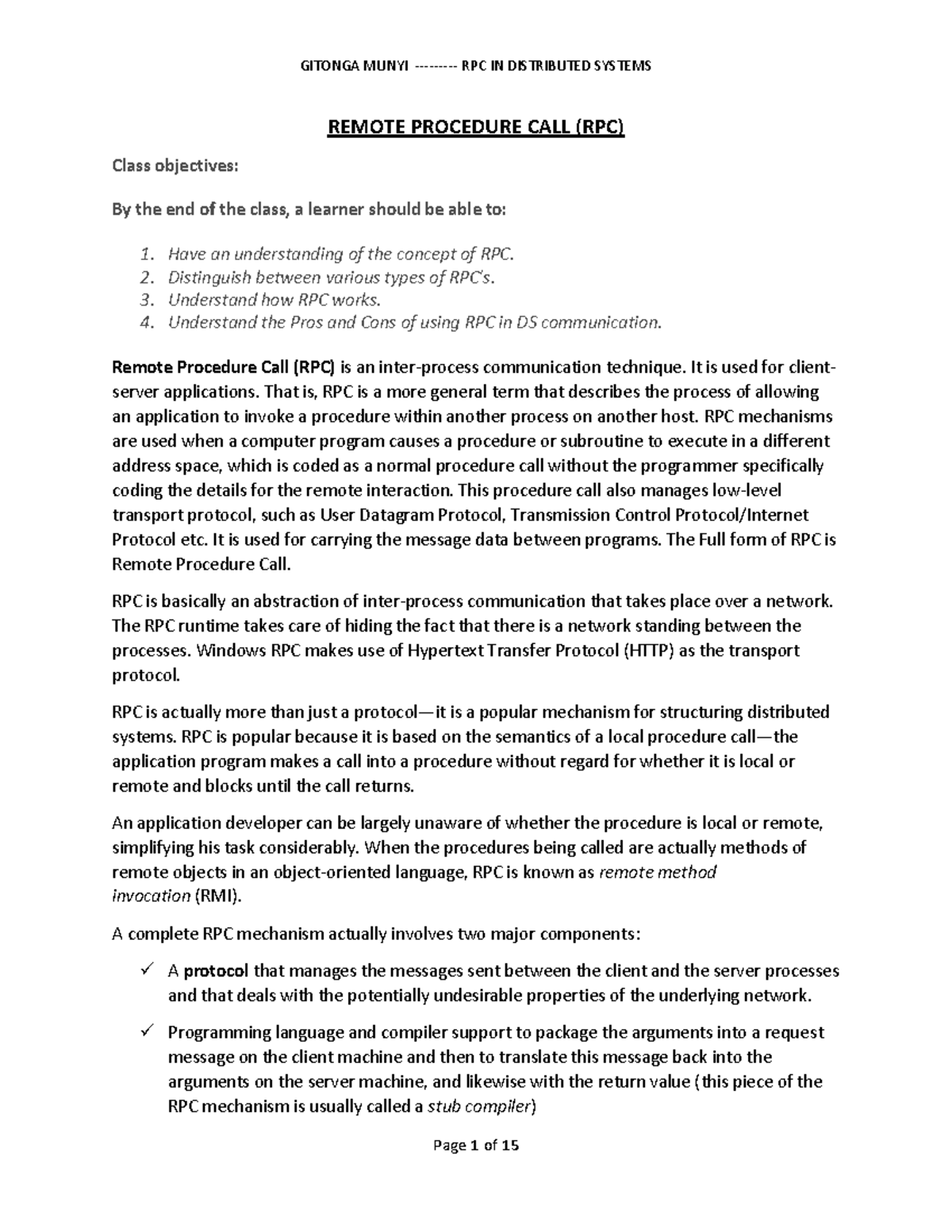 Remote Procedure Call - REMOTE PROCEDURE CALL (RPC) Class objectives ...