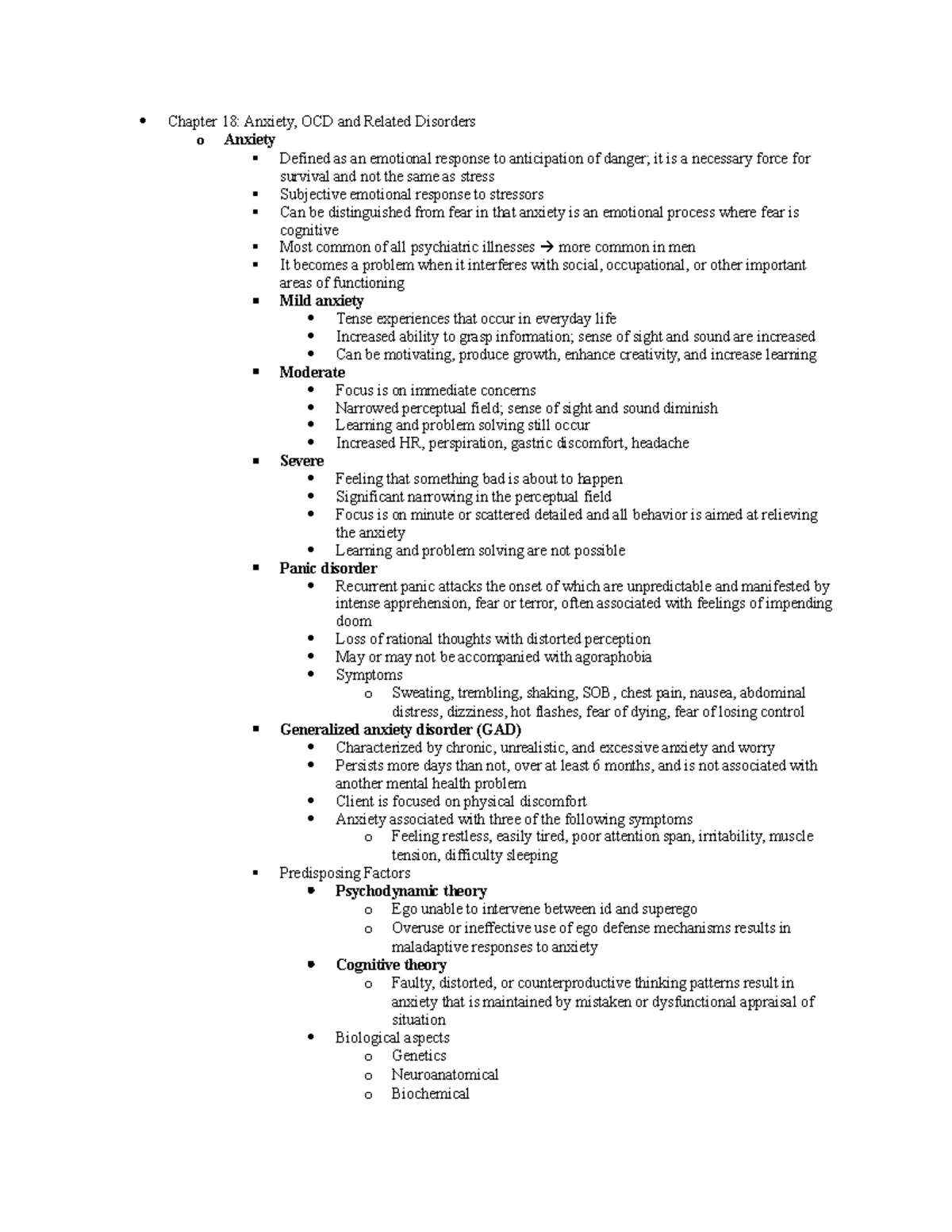 Psych exam 2 - Chapter 18: Anxiety, OCD and Related Disorders o Anxiety ...