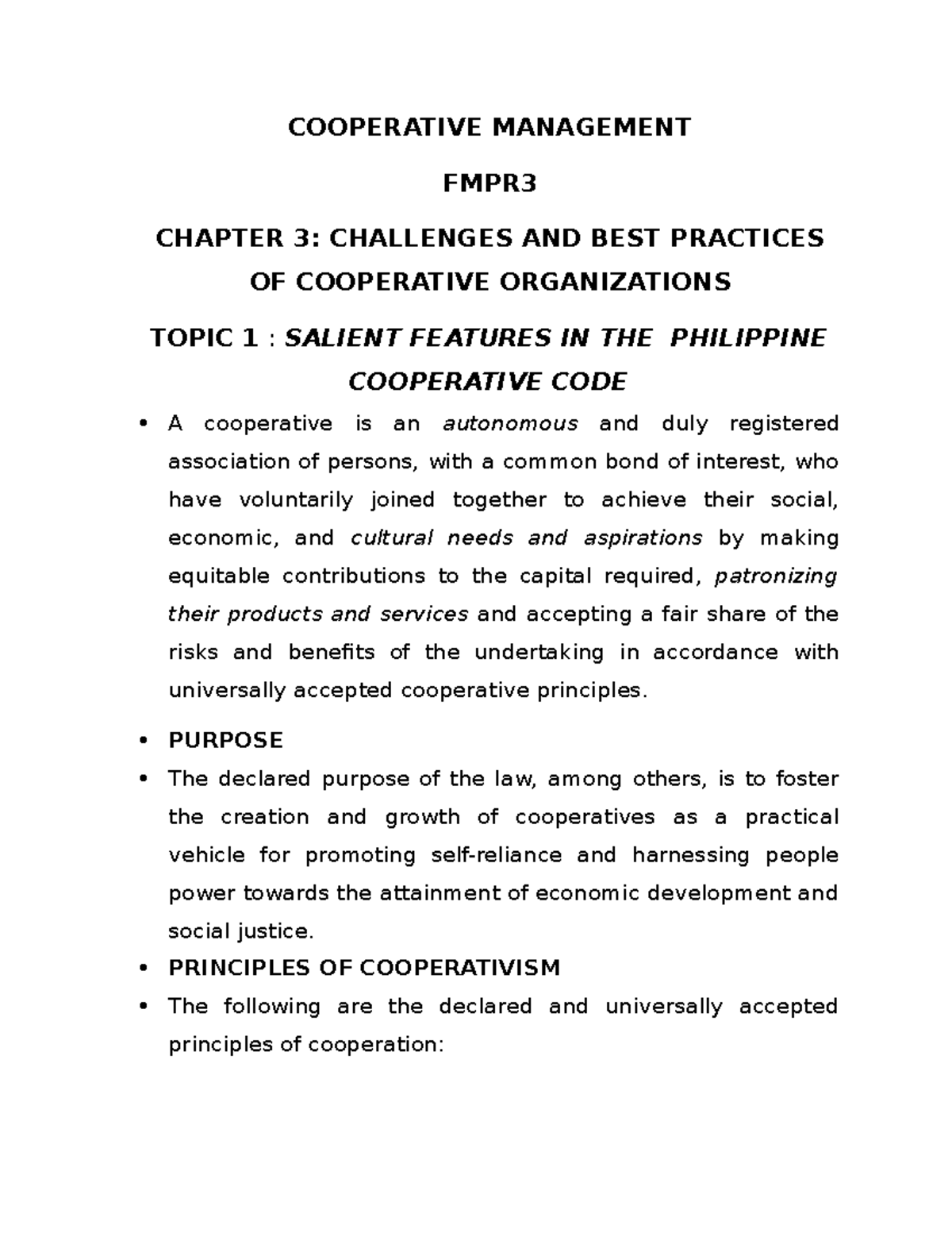 Cooperative Management Chapter 3 Topic 1, 2 AND 3 COOPERATIVE
